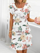 2025 Spring Chic Floral Print Chiffon Dress Woman Elegant Crew Neck Tierred Pleated Dress Summer Short Sleeve A-Line Party Dress
