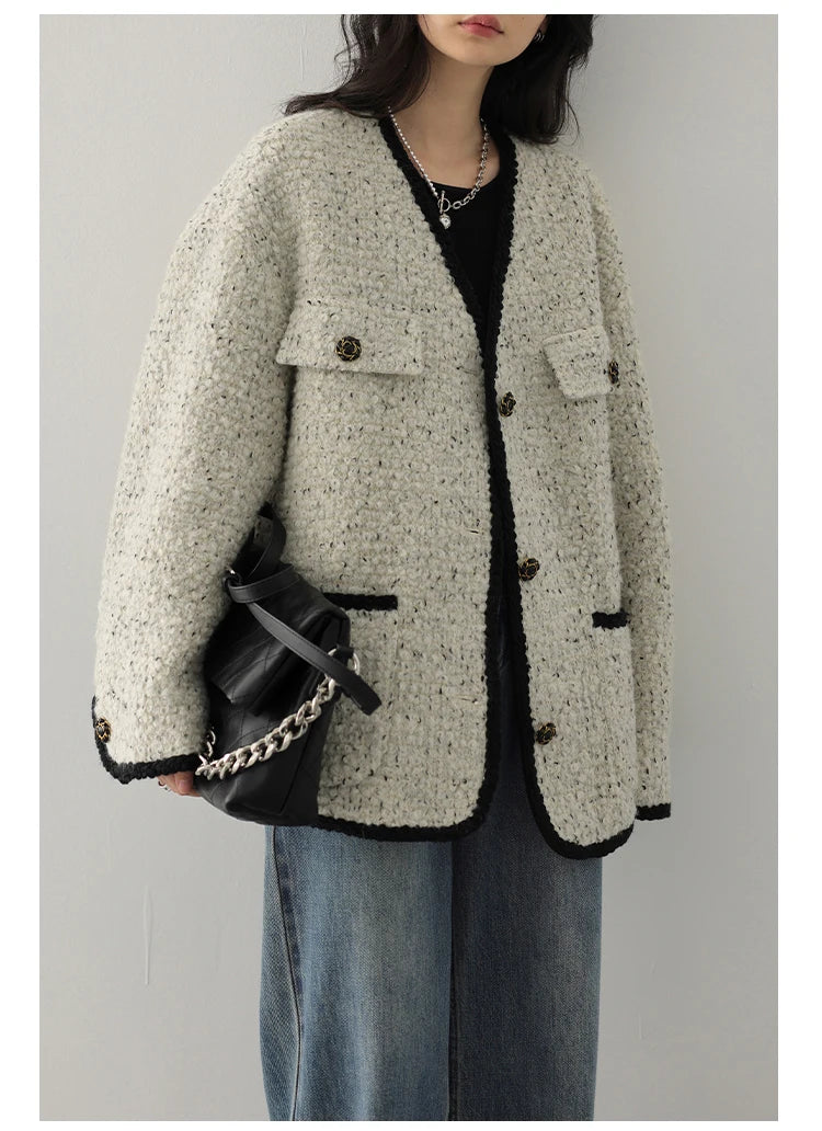 CHIC VEN Women's Woolen Coat Heavy Industry Down Jacket Vintage V-Neck Woman Down Coat Female Tops Autumn Winter 2024