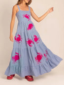 Imcute Women Cute Embroidered Maxi Dress Beach Dress Summer Boho Ruffle Long Dress Spaghetti Strap Flowy Maxi Dress