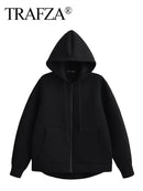 TRAFZA Autumn Women Gray Jacket With Hood Long Sleeve Big Pocket Zipper Jacket Coat Woman Loose Casual Outerwear Coat Tops