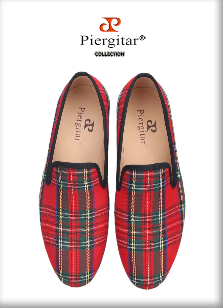 Piergitar 2023 New Red And Green Classic Scottish Plaid Men's Loafers For Party Handmade Slip-On Moccasins Leather Insole