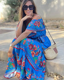 2024 Spring/Summer New Women Retro Fashion One Shoulder Red Flower Printed Waist Collection Long Style Large Swing Casual Dress
