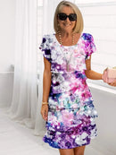 2025 Spring Chic Floral Print Chiffon Dress Woman Elegant Crew Neck Tierred Pleated Dress Summer Short Sleeve A-Line Party Dress