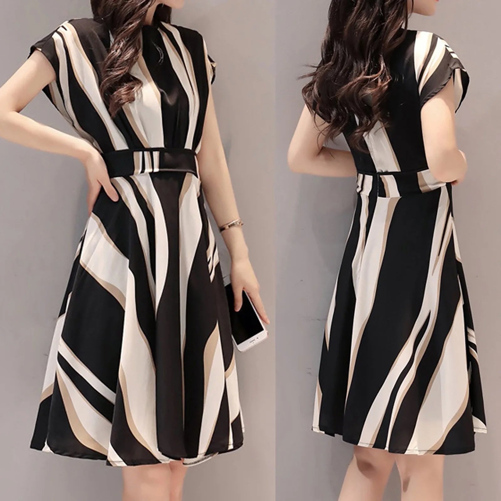 Women's Vintage Print Dress Fashion Dresses O-Neck Sleeves and Knee-Length Belt.