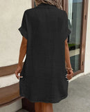 Women's Fashion Summer Minimalist V-neck Button Up Dress Woman Cotton Linen White Short Sleeved Pocket Casual Loose Shirt Dress