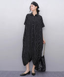 New 2025 Summer Woman Short-Sleeve Black Striped Shirt Dress Loose Fit Chic Big Size Casual Holiday Irregular Large Robe JKXD017