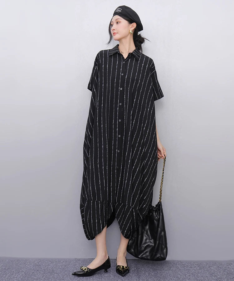 New 2025 Summer Woman Short-Sleeve Black Striped Shirt Dress Loose Fit Chic Big Size Casual Holiday Irregular Large Robe JKXD017
