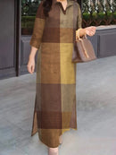 Women Dresses 2025 Vintage Plaid Checked Sundress Lapel Neck 3/4 Sleeve