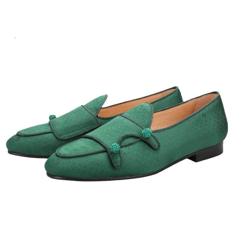 Chinese Imperial Style Silk Men's Monk Shoes Handmade Balls Buttons Slip-On Smoking Shoes