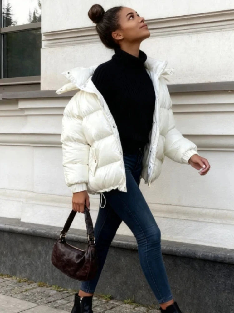 Warm Solid Hooded Down Jackets Fashion Oversized Solid Flush Zipper Breasted Cotton Coats 2025 Female New Winter Chic Outwear