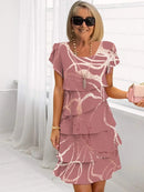 2025 Spring Chic Floral Print Chiffon Dress Woman Elegant Crew Neck Tierred Pleated Dress Summer Short Sleeve A-Line Party Dress