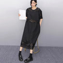 Lace Joined Loose Fit Korean Style Woman 2025 Summer Round Neck Short-Sleeve Black Pullover Dress Gorgeous Big Size Robe JKXD008