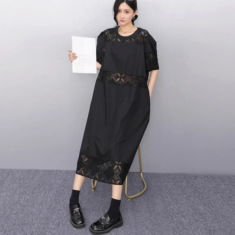 Lace Joined Loose Fit Korean Style Woman 2025 Summer Round Neck Short-Sleeve Black Pullover Dress Gorgeous Big Size Robe JKXD008