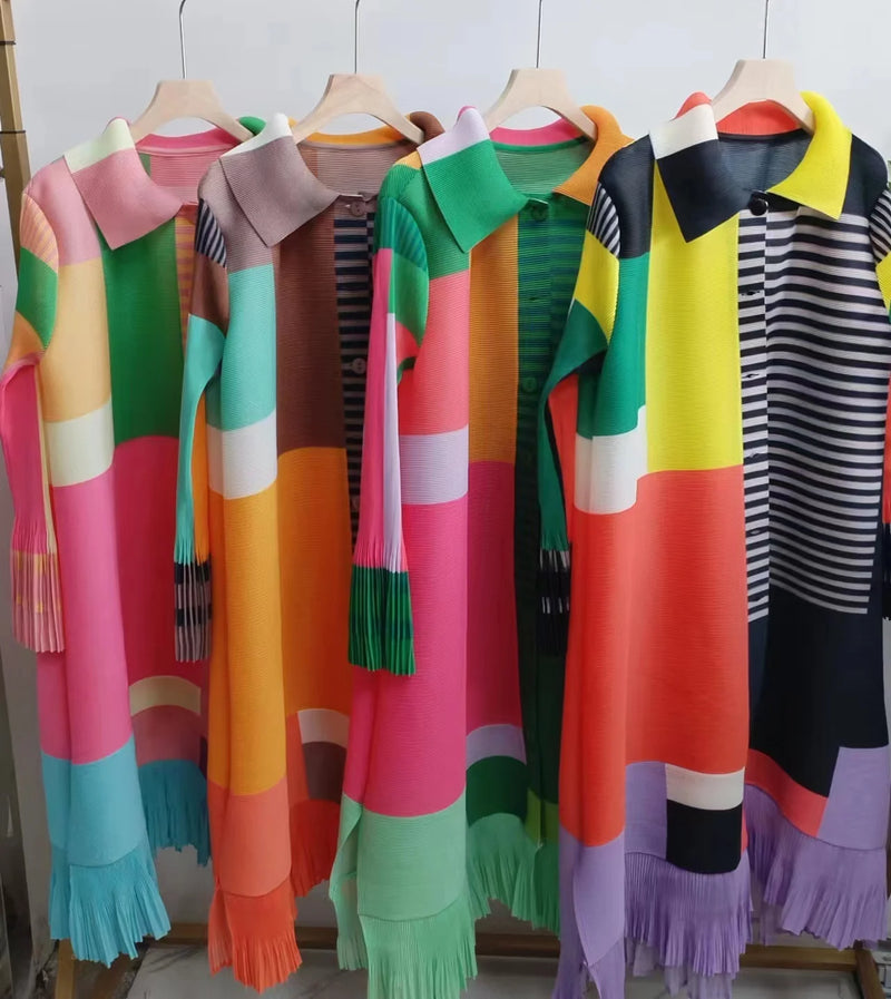 Miyake Women's Color Matching Dress, Autumn and Winter New Fashion Print Pleats, Medium Length, Loose Length Skirt