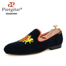 Piergitar British Style Embroidery Navy Velvet Shoes With Gold Outsole Handmade Men Loafers Slip-On Smoking Slippers For Party