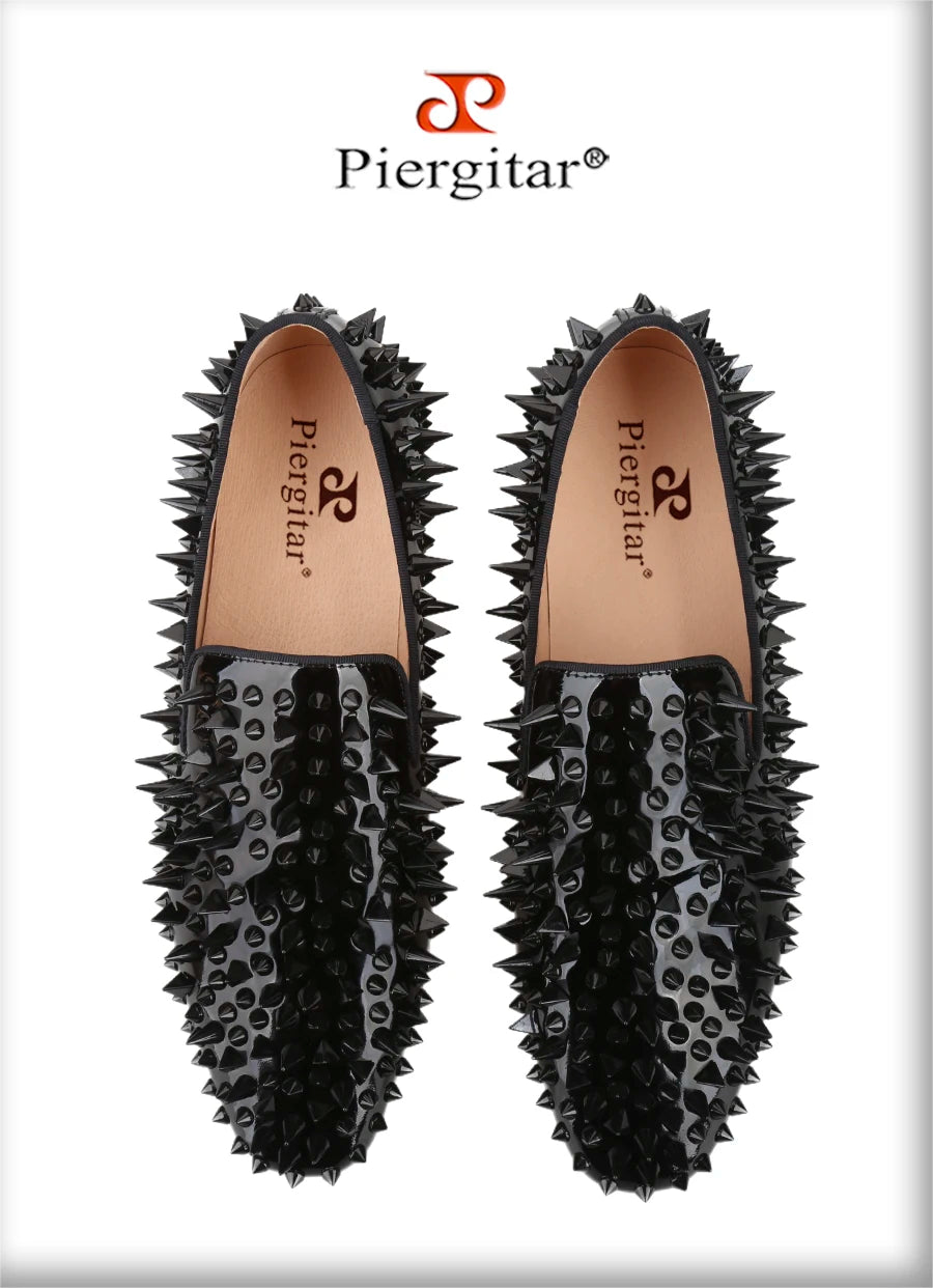 Piergitar Black Patent Leather Men's Loafers With Handmade Different Shapes Of Spikes For Fashion Party CL Brand Red Sole Shoes
