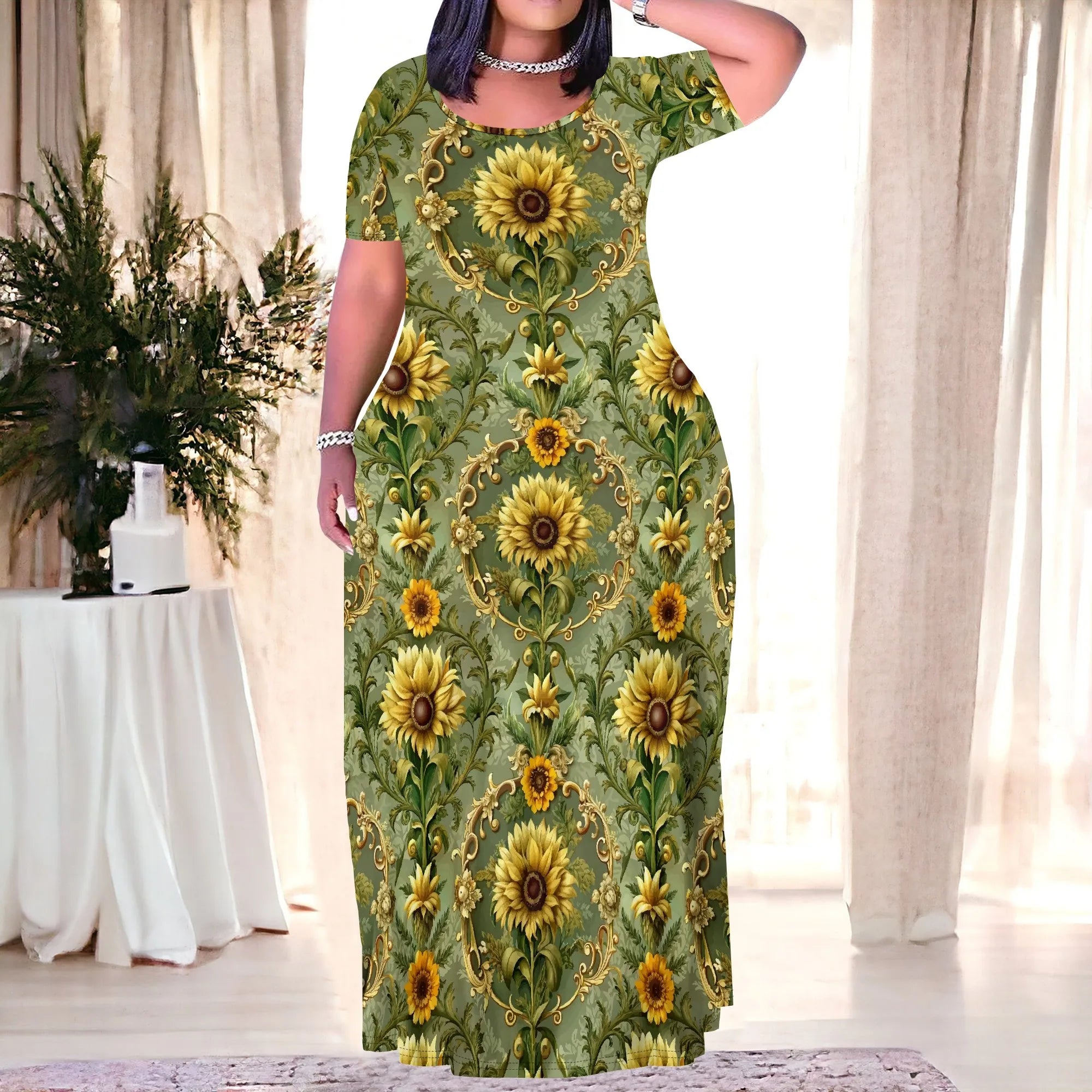 Plus Size Floral Vintage Print Maxi Dress for Women Summer Short Sleeve Elegant Party Outfit