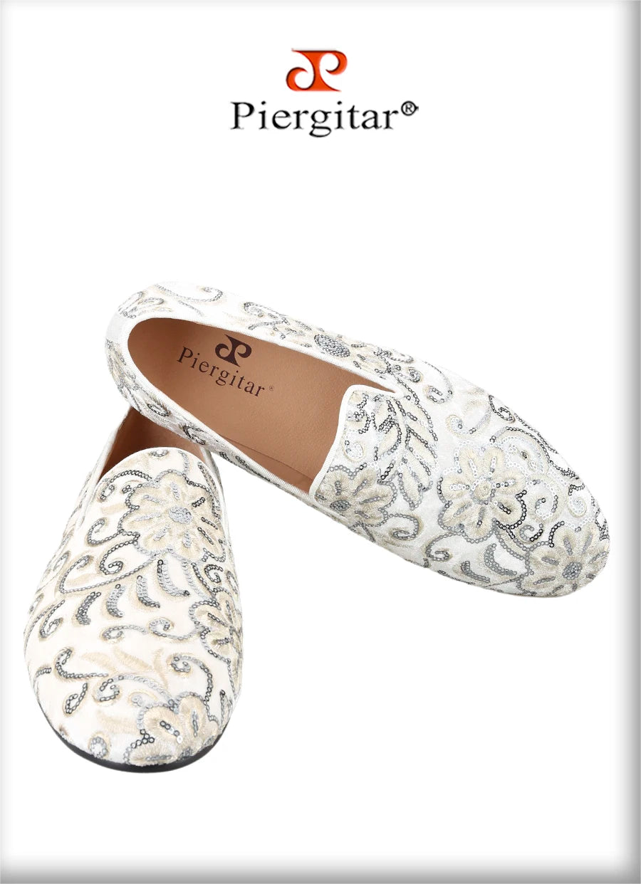 Piergitar Handmade Paisley Pattern Bling Men Velvet Shoes For Party And Wedding Superglamourous Brand Same Model Slip-On Loafers