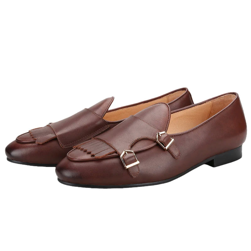 Piergitar 2023 Dark Brown Nappa Calfskin Double-Monk Belgian Loafers With Fringes And Metal Buckles Slip-On Men Smoking Slippers