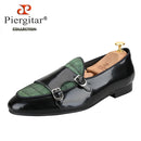 Piergitar Black Polished Leather Patchwork Green Crocodile Suede Men's Monk Shoes Handmade Slip-On Loafers For Wedding And Party