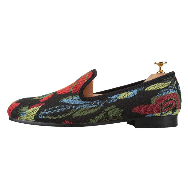 Piergitar 2025 New Mixed Colors Abstract Flowers Tweed Slip-On Loafers British Style Handmade Men's Smoking Slippers Plus Size