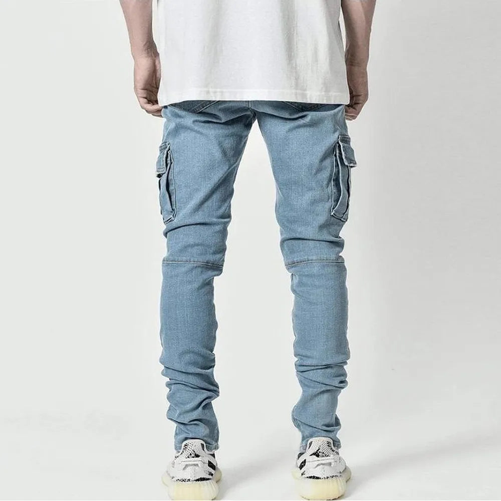 Men Solid Color Multi Pockets Casual Mid Waist Trousers