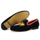 Piergitar British Style Embroidery Navy Velvet Shoes With Gold Outsole Handmade Men Loafers Slip-On Smoking Slippers For Party