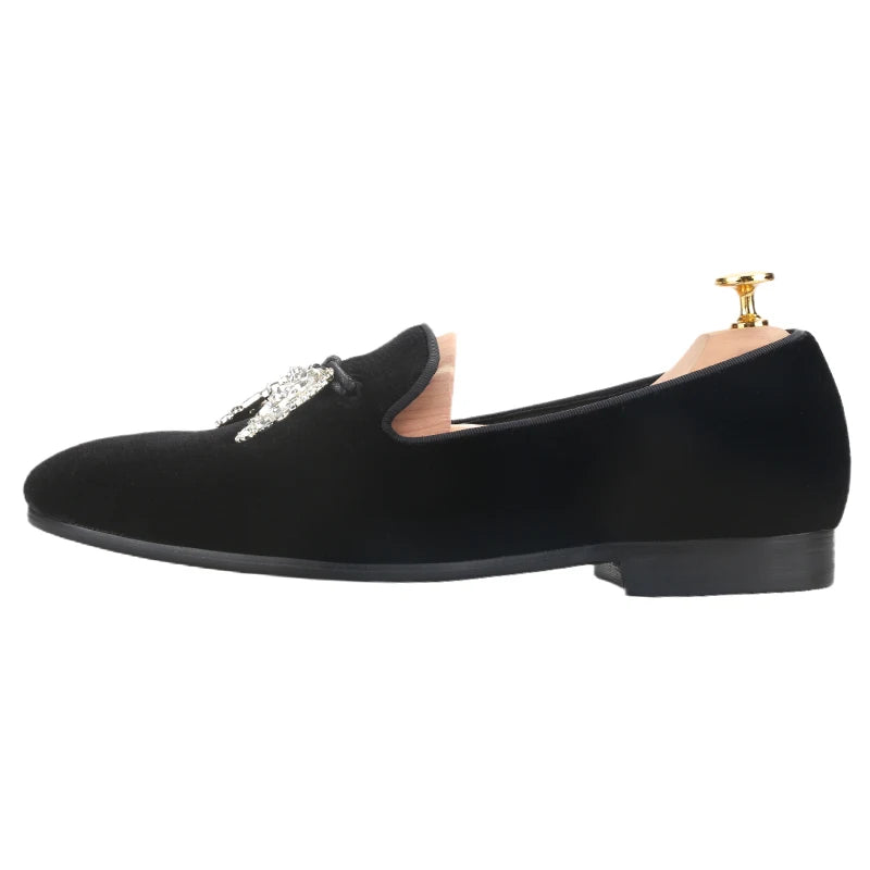 Black Velvet Men's Loafers with Clear Crystal Tassels, Handmade Man Moccasins for Party and Banquet Plus Size