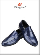 Piergitar Navy-Purple Smooth Genuine Leather Men's Penny Loafers Handmade Slip-On Male Flat Shoes For Party/Wedding Suit Wear