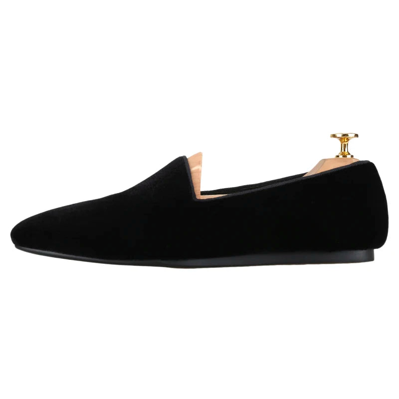 Piergitar Black Color Vintage Men Velvet Flats Shoes Can Worn Casual Or Dress Handmade Square Toe Slip-On Loafers Leather Insole