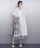 Ruffle Decoration New 2025 Summer Korean Style Woman Black Shirt Dress Loose Fit Chic Big Size Casual Holiday Dress Robe JKXD002