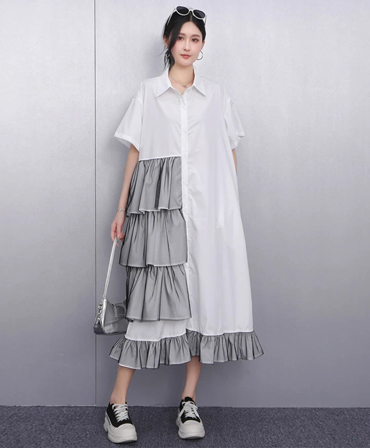 Ruffle Decoration New 2025 Summer Korean Style Woman Black Shirt Dress Loose Fit Chic Big Size Casual Holiday Dress Robe JKXD002