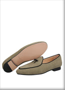 Three Colors Raw Canvas Belgian loafers with Calfskin Bows, Handmade Slip On Classic Mens Smoking Slippers