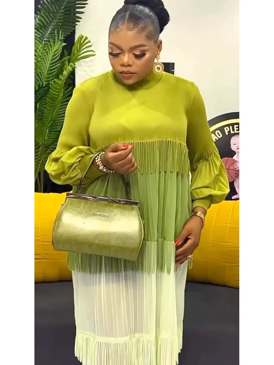 Women's Pleated Puff Sleeve Tassel Dress