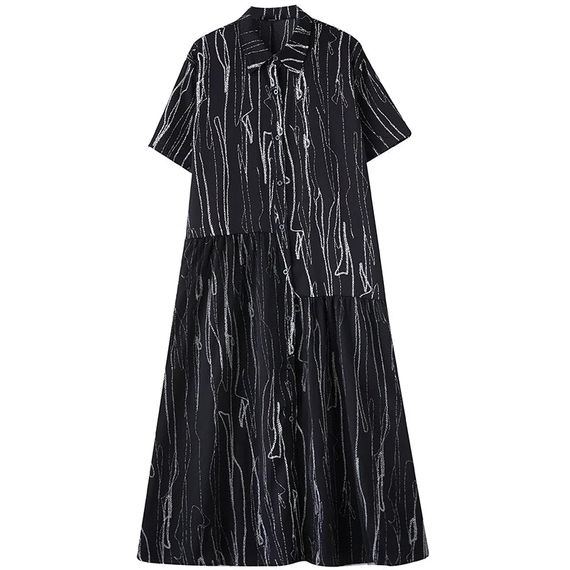 Stripe Print Mid Length Buttoned Midi Dress
