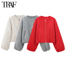 TRAF Red Zipper Bomber Jackets for Women Soft Cropped Jackets Woman 2024 Long Sleeve Woman's Sports Jacket New in Outerwears