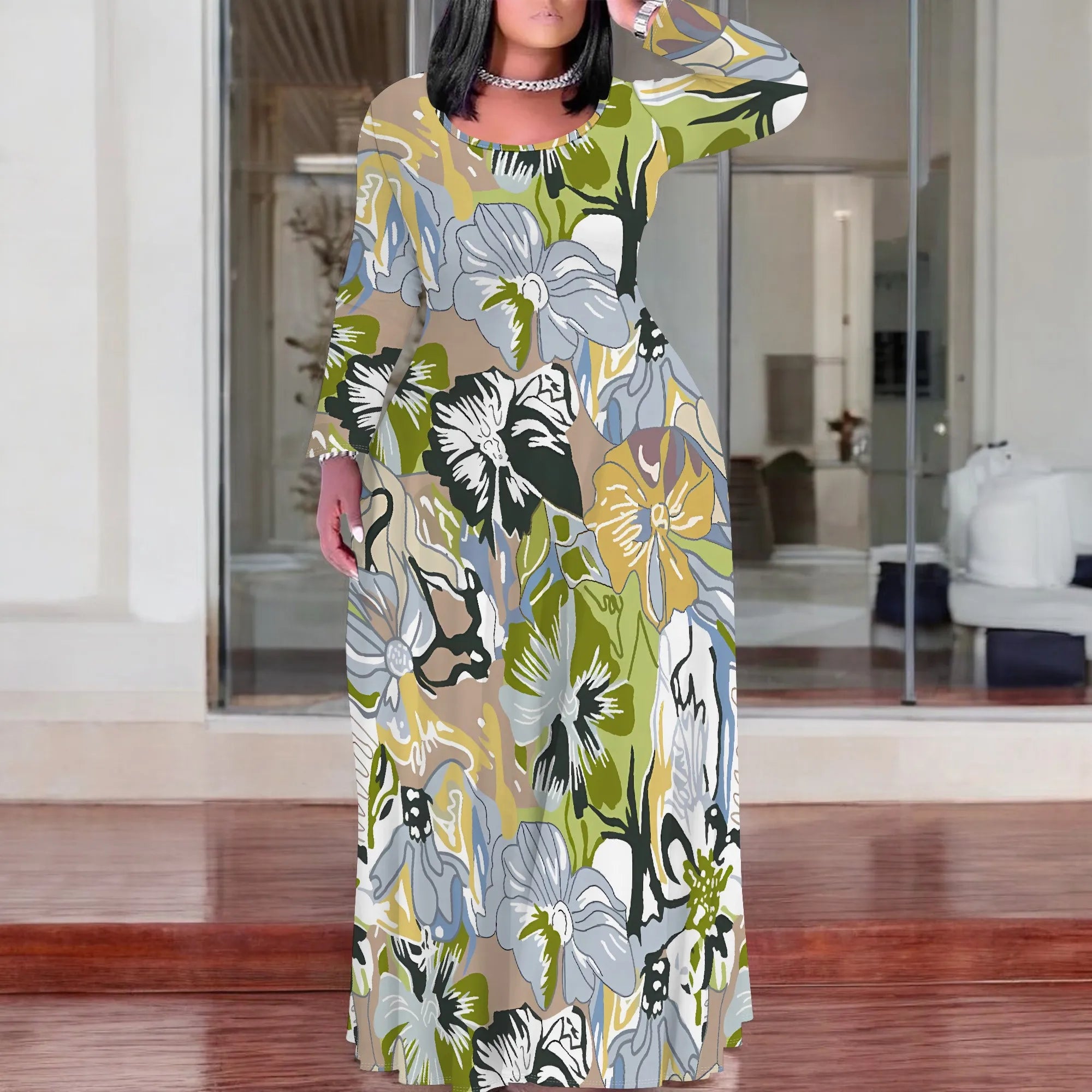 Plus Size Green Floral Print Maxi Dress Long Sleeve Comfortable Everyday Look