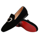 Piergitar Black Velvet Classic Men's Loafers For Fashion Party And Wedding Circle Metal Buckles Slip-On Flats Red Color Outsoles