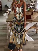 Women's Long Spaghetti Strap Tribal Pattern Dress