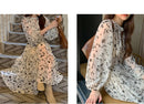 Floral Midi Dress Women Sweet A-Line Long Sleeve Hollow Out Dress Elegant High Waist Casual Long Dress Daily or Vacation Outfits