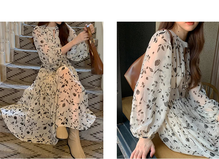 Floral Midi Dress Women Sweet A-Line Long Sleeve Hollow Out Dress Elegant High Waist Casual Long Dress Daily or Vacation Outfits