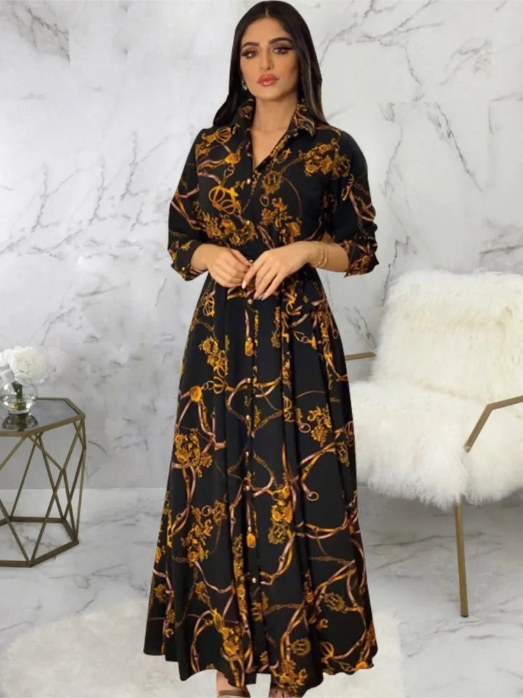 Digital Printed Single Breasted Long Dress Spring Autumn Women New Fashionable Women's Casual Long Sleeved Shirt Collar Dress