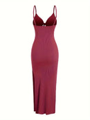 Europe and America knit simple sleeveless suspender dress in spring and summer, leaking back and sexy long skirt with neck.
