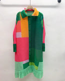 Miyake Women's Color Matching Dress, Autumn and Winter New Fashion Print Pleats, Medium Length, Loose Length Skirt