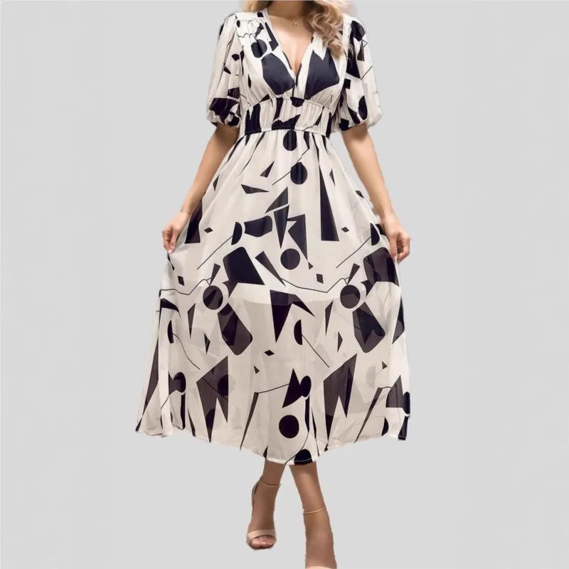 Women's summer dress 2025 fashion printed waist-cinching dress; holiday long dress; party dress; ladies' clothing.