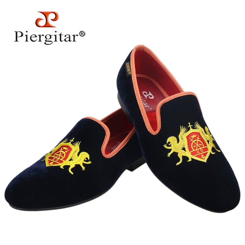 Piergitar British Style Embroidery Navy Velvet Shoes With Gold Outsole Handmade Men Loafers Slip-On Smoking Slippers For Party