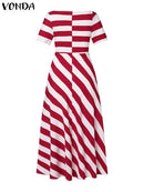 Stripe Maxi Dress VONDA Women Sexy Off Shoulder Printed Sundress 2024 Elegant Casual Loose Short Sleeve Robe Bohemian Vestidos