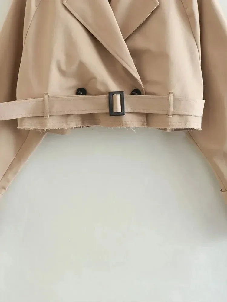 Women Fashion Belt Cropped Trench Spring Jacket