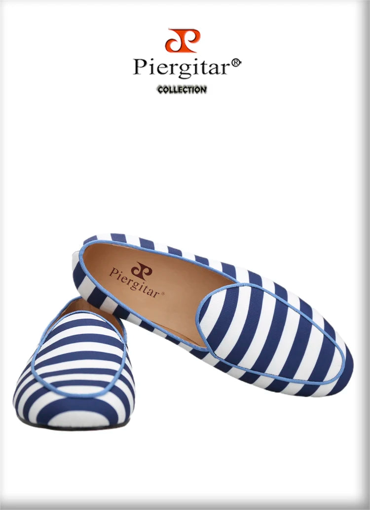 Piergitar 2022 New Arrival Blue And White Stripes Canvas Men Loafers For Party And Prom Handmade Male Slip-On Flats Red Bottom