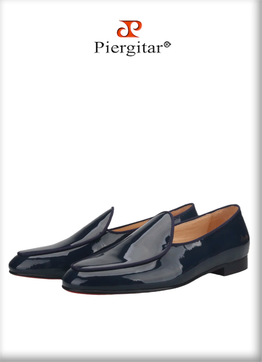 Piergitar Classic Style Black Patent Leather Slip-On Loafers For Party And Wedding Handmade Men's Dress Shoes Luxury Red Bottom